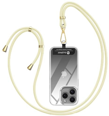 OLEPHY Cordon Téléphone Portable, Tour de Cou Téléphone Universelle avec 2 Très Mince Patchs, Collier de Longe Compatible avec la Plupart des Coques pour Smartphone, Beige