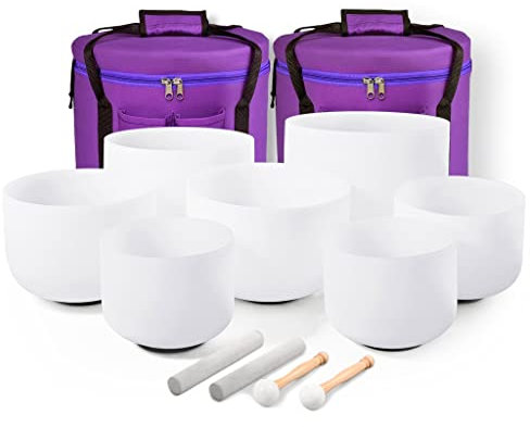 7Piece Frosted Quartz Crystal Singing Bowls Set for Meditation Notes CDEFGAB 7 to 12 Inch 440hz Frequency