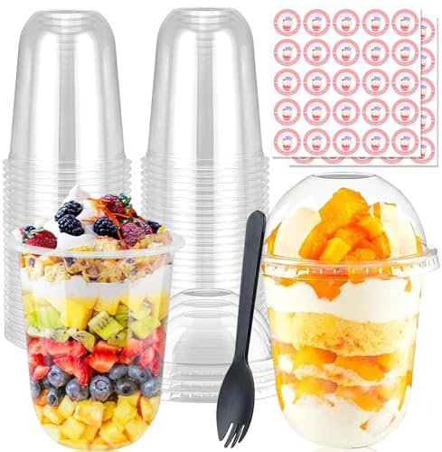 Lot de 50 Verres à Dessert en Plastique - 500 ml - Avec Couvercles et Cuillères - Réutilisables - Pour Desserts Faits Maison, Pudding, Mousse, Glace
