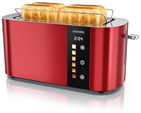 Arendo - Edelstahl Toaster 4 Scheiben Langschlitz - Touchscreen – Doppelwandgehäuse – 1500 W – Integrierter Brötchenaufsatz – 6 Bräunungsgrade – Brotzentrierung – Restzeitanzeige – Memoryfunktion