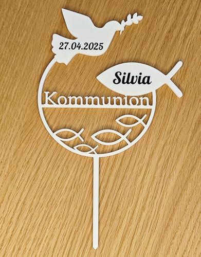 CAKETOPPER Kommunion | Konfirmation | Taufe Taube & Christenfisch | personalisiert mit Text
