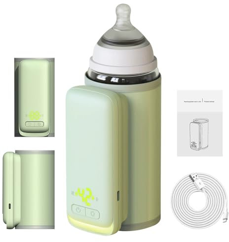 Calentador de Biberones Portatil, Recargable USB Calentador de Biberones con Pantalla LCD & 6 Temperatura Ajustable, 6000 mAh Calienta-Biberones para Bebé, El Hogar, Viajes (Verde)