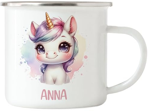 Kiddle-Design Kindertasse mit Namen Personalisiert, Personalisierte Tasse Kinder mit Einhorn, Namenstasse Einhorntasse, Kinderbecher als Geschenk zur Taufe, Geburt Weihnachten - Emaille Tasse