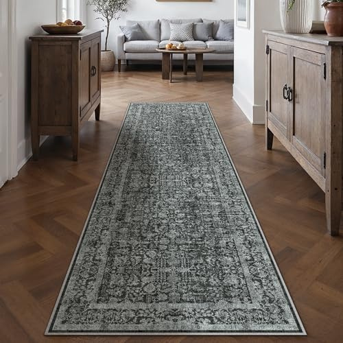 HUGEAR Tiefschwarz Vintage Teppich Läufer Flur 60x240cm Waschbar | Waschbarer Teppich, Rutschfest Weich, Kurzflor Retro, für Vorzimmer, Schlafzimmer Küche, Brücken Hallway, Carpet