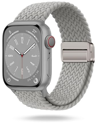 ONEFLOW Casual Loop Kompatibel mit Apple Watch 6 (44mm) Geflochtenes Armband Elastisch, Textil iWatch Armbänder Damen Herren, Sport Nylon Stoff Band Verschluss Magnetisch, Hellgrau