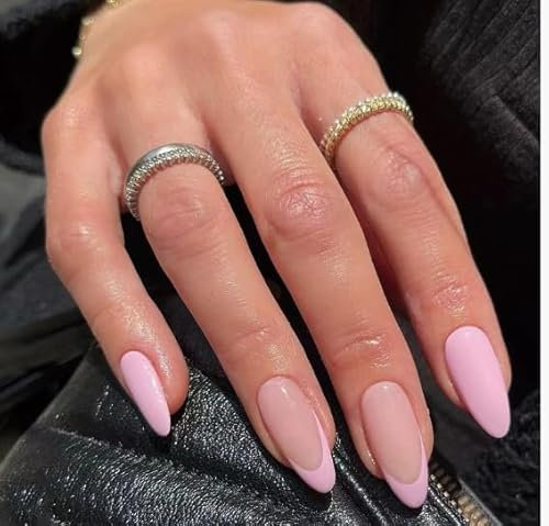 Press On Nails - Short Medium Almond Fake Nails - Nude Pink French Tip False Nails - Removable Stiletto nails French Tip - Natural Acrylic Full Cover Stick On nails For Women Girls DIY Nail Art