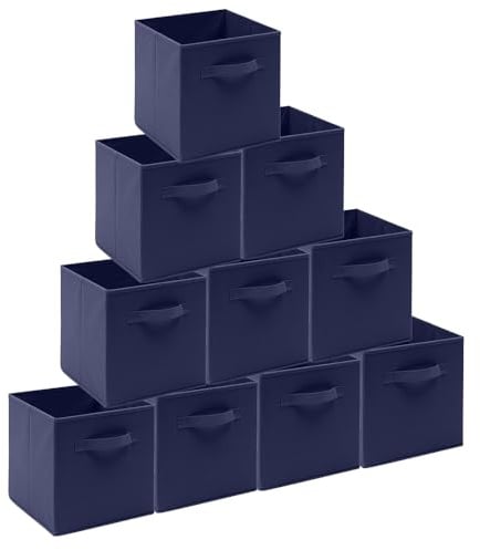 BonChoice Foldable Storage Cubes Boxes Pack of 10 with Handle for Home Organization, Fabric Wardrobe Storage Box Organizer Basket Bins for Toys, Collapsible&Durable (10, Dark Blue, 26.5x26.5x28cm)