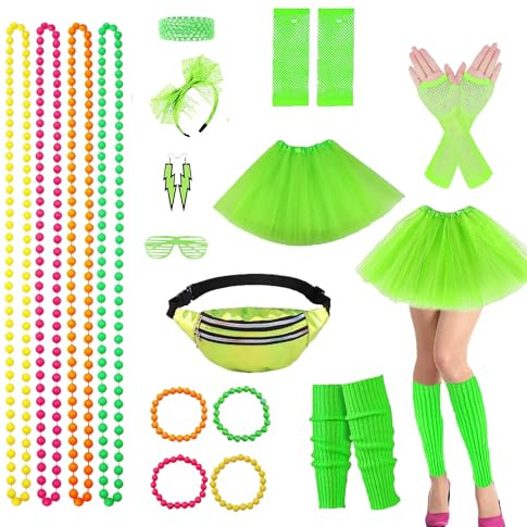 Hongleey 80s Fancy Dress for Women, 16PCS 80s Neon Fancy Dress with Tutu Skirt Leg Warmers with Leg Warmer Necklace Bracelet Bow Headband Fishnet Gloves Earrings Glasses