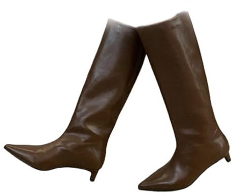 WXDTW Stivali alti al ginocchio da donna, stivali alti al ginocchio con tacco a gattino per le donne alla moda casual a punta stivali lunghi al polpaccio largo, Marrone, 41 EU