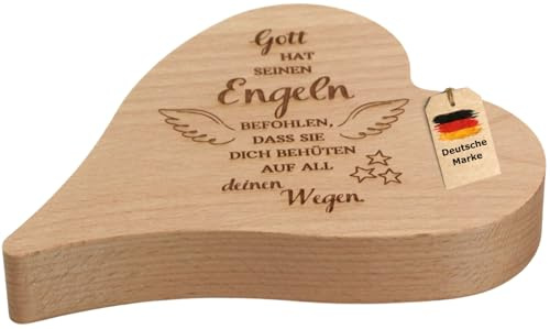 Geschenkissimo Holz Herz mit Spruch Gott hat seinen Engeln befohlen, DASS sie Dich behüten auf All deinen Wegen. Buche 16x12x2,5 cm, Bibel Psalm 91, Dekoration mit Bibelvers, Dekoherz