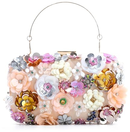 EVEOUT Damen 3D Blumen Clutch Tasche Elegant Kristallblumen Abendhandtasche mit Schulterkette für Hochzeit, Party, Abschlussball