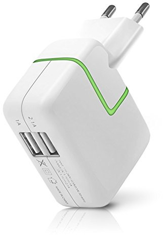 Seluxion – Cargador casa Sector con 2 puertos USB, luz verde indicador de carga, cargador universal para tablet y smartphone tablet Samsung Galaxy Tab A6 2017, Tab E
