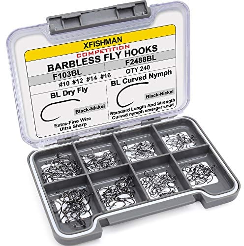XFISHMAN Barbless Fly Hooks Assortment - 240 Hooks (10# ~16#) - Dry & Wet Nymphs - Trout Fishing