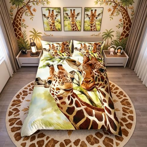 Loussiesd Giraffe Comforter Cover Set Single Size Safari Wild Animals Duvet Cover Set African Wildlife Tree Leaf Bedding Set Digital Print Bedspread Cover with 1 Pillow Shams Microfiber Quilt Cover