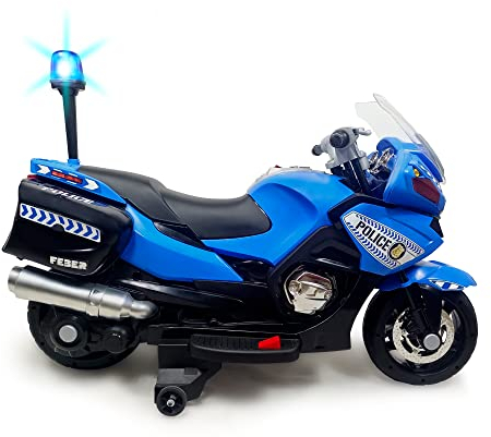 Feber- Moto de Police pour Enfants, avec Batterie 12 V, avec Lumières et Son, Bleu (Famosa 800012891)