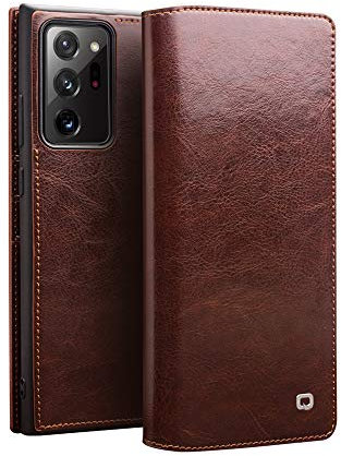 qichenlu Robustes Rindsleder Retro Braun Echt Leder Klapp Hülle für Note 20 Ultra,Zert. Echtes Leder Handytasche mit Kartenfach,Book Flip Cover Wallet Case für Samsung Galaxy Note 20 Ultra 5G