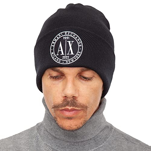 Armani Exchange A|X Herren 1991-2022 Logo Beanie Mütze, blau, Einheitsgröße