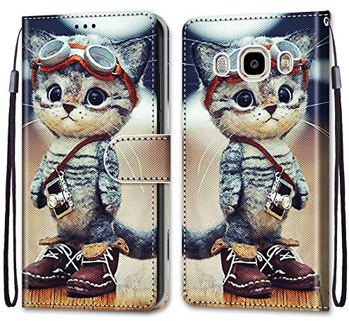 Mo-Somnus Coque pour Samsung Galaxy J7 2016/J710, Etui en Cuir PU Portefeuille Housse Coque avec 360 Degrés Silicone Antichoc Protection Cover Cuir Pochette Magnétique und Flip Béquille (Chat 1)