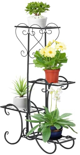 Outsunny Blumenständer 4 Ebenen Pflanzenregal Outdoor 45x24,5x80 cm | Blumenregal aus Metall, Blumentreppe, Innen & Außen, Garten, Balkon, Schwarz
