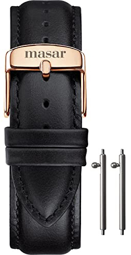masar Bracelet Montre 22 mm en Cuir Véritable Noir Premium – Dégagement Rapide – Homme & Femme - Leather Watch Strap, Band - Boucle Ardillon Doré Or Rose – Black 22 RG