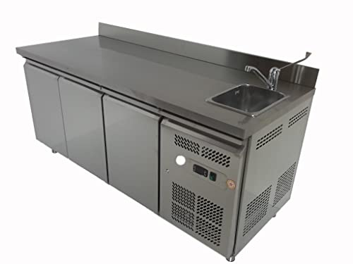 Generico Banco Frigo cm.180xp70xh86 Tavolo Refrigerato in Acciaio Inox con 3 Porte Frigo e Motore Incorporato, Bancone Refrigerato con Lavello, Tavolo Frigo Professionale