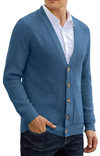 Sailwind Mens Long Sleeve Cardigan Autumn Chunky Knitted V Neck Button Cardigan Soft Cable Knit Sweater for Men (VG Blue, M)