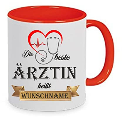 Crealuxe Kaffeetasse - Die Beste Ärztin heißt (Wunschname) - Spruchtasse, Bürotasse, bedruckte Keramiktasse, Tasse mit Spruch, Hochwertige Kaffeetasse, Tasse personalisiert (Rot)