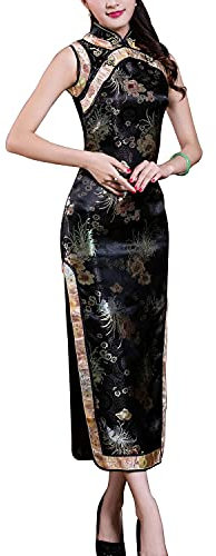 Costume Cheongsam à manches longues vintage floral avec fente sur le côté, coupe ajustée, col mandarin, tenue de cocktail chinois Qipao pour femme, 44-noir, XL