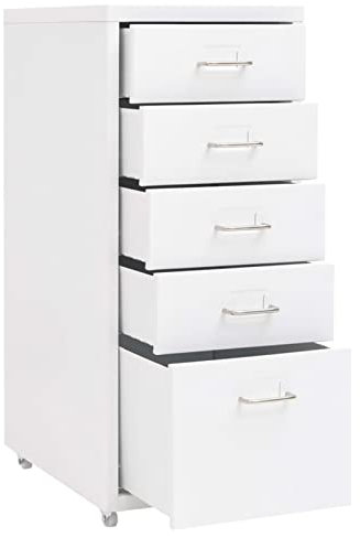 Ailgely Aktenschrank mit Rollen Metall Rollcontainer mit 5 Schubladen Schubladenschrank Büroschrank Stahlschrank Metallschrank für A4 Papier, Dokumente, Schreibwaren, Drucker,Weiß 28x41x69 cm
