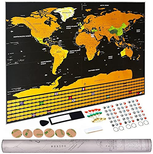 MAAFRI Weltkarte zum Rubbeln – 2er-Set – detaillierter Reise-Tracker mit Flaggen und Sehenswürdigkeiten