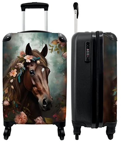 NoBoringSuitcases.com® Koffer Handgepäck Trolley Rollkoffer Kleine Reisekoffer mit 4 Rollen - Pferd - Natur - Blumen - Tiere - Wald - 55x35x20cm - Fotokoffer - Kabinenkoffer - Boardgepäck