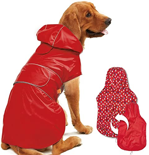 Kimee Hunde-Regenmantel, wendbar, einseitig, verstellbar, wasserdicht, mit Loch für die Leine, reflektierende Streifen, Kapuze, schneefest, Winddicht, Kleidung für kleine bis 3XL, Größe 3XL