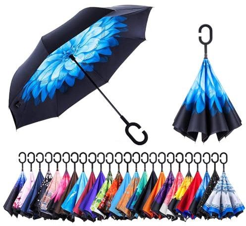 CICILIAYA Double Layer Folding Inverted Umbrella, Self Stand Upside-down Rain Protection Car Reverse Umbrellas with C-shaped Handle Big Straight Umbrella (Blue 2)