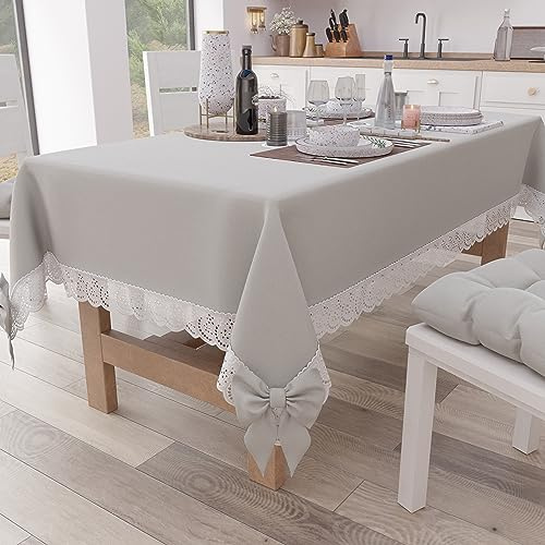 PETTI Artigiani Italiani - Tischdecke, Tischdecke, Küchentischdecke, rechteckige Tischdecke mit Sangalla-Spitze und Schleifen, einfarbige Tischdecke aus Baumwolle, X12-Sitzer (140 x 240 cm) Hellgrau