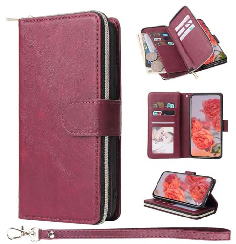 ZCDAYE Wallet Phone Case for iPhone 15, Premium Leather Case with Card Slots Magnetic Closure Zipper Pocket, Retro Elegant Women Ladies Flip Phone Cover Holster for iPhone 15,Red