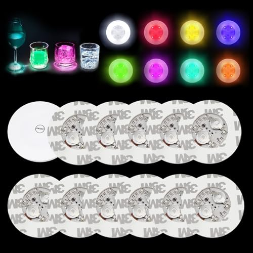 12 pegatinas LED de ambiente (6 luces de colores y 6 luces blancas frías) Batería reemplazable pegatinas luminosas autoadhesivas con 4 pilas SMD LED y pegamento para iluminación de botellas