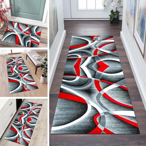 QQrunner Läufer Flur Küche Teppich rutschfest 70x180cm Küchenteppich Patchwork Grau Rot Waschbar Meterware Schlafzimmer Korridor Teppichläufer Lang, Länge Anpassbare, 40-120cm Breit