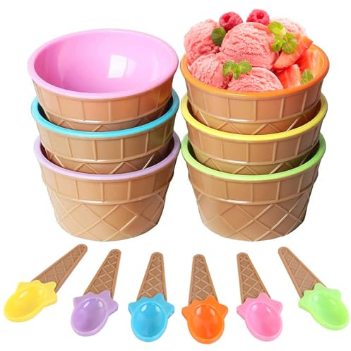 GEARMAX 6 Piezas Tarrinas para Helados, Vasitos Aperitivos Plastico, Vaso para Helado con Cucharas, Cuenco de Helado, Mini Tazas de Postre, para Familias, Campamentos, Fiestas, Cumpleaños