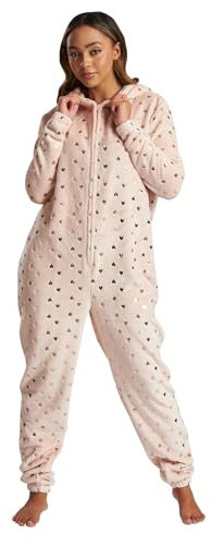 Loungeable Damen Jumpsuit Langer Overall Einteiler Foil Heart Luxury Fleece All In One 793072 goldene Herzen L