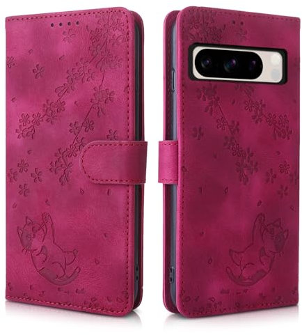 CXTcase Etui Coque pour Google Pixel 8 Pro, Protection Housse en Cuir PU Etui à Rabat Pochette de Portefeuille Compatible avec Google Pixel 8 Pro, Rosé Rouge