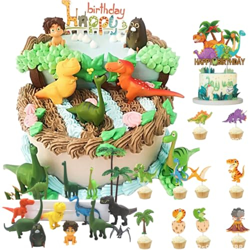 35 Stück Dino Tortendeko - Dinosaurier Kuchen Topper mit Tattoo für Kinder Junge - Happy Birthday Cake Topper für Geburtstag Deko