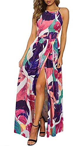 KILIG Maxikleider Damen Sommer Neckholder Sommerkleid Elegant Lang Maxi Kleid Hochzeitsgast Schlitz Freizeitkleid (Floral-O,XX-Large)