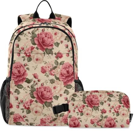 CHIFIGNO Kids School Backpack Colorful Skulls with Flowers School Book Bag Lightweight Backpack with Insulated Lunch Box, Vintage Rose Flowers on Beige, One Size