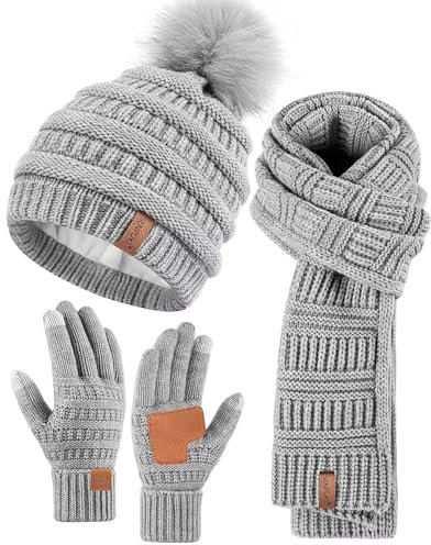 SENPUKI Mütze, Schal & Handschuh-Sets für Damen, Beanie Mütze Damen Winter mit Bommel Fleece Gefütterte, Touchscreen Handschuhe Schal Wärmer Mütze Damen 3-in-1 Geschenk Set für Kaltes Wetter(Grau)