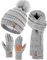 SENPUKI Mütze, Schal & Handschuh-Sets für Damen, Beanie Mütze Damen Winter mit Bommel Fleece Gefütterte, Touchscreen Handschuhe Schal Wärmer Mütze Damen 3-in-1 Geschenk Set für Kaltes Wetter(Grau)