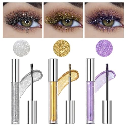 Glitter Mascara, 3 Farben Glitzer Wimperntusche Silber/Gold/Lila, Verlängerung & Volumen Wimperntusche Wasserfest & Langlebig, Bunt Mascara mit Glitzer für sehr Funkelnde Augen Make-up, Party/Hochzeit