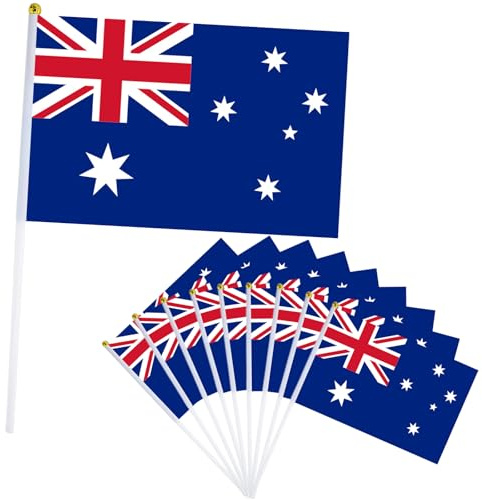 10Pcs Australia Stick Flag for OlyDecorations 2024,Hand Held Australia, Australian Small Flags,14x21cm Mini Handheld Flags Oly Games Themed Decoration for Garden,Bar,Party,Street Oly 2024