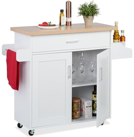 Relaxdays Carrito Auxiliar de Cocina, Camarera con Encimera y Cajón, 2 Compartimentos, 90x114,5x39,5 cm, Blanco/Natural, Tablero de Fibras