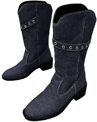 Generico Stivali Equitazione Donna Scarpe con Tacco Donna Stivali da Cowboy in PU Tinta Unita alla da Donna Stivali a metà Polpaccio da Donna Stivali con Stivali con Zeppa Interna (Black, 39)
