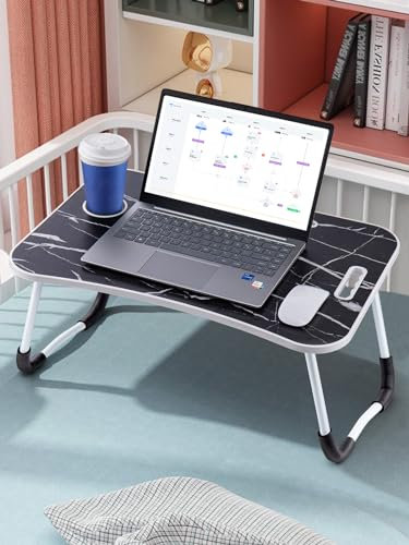 CROWNSHOP Laptop Table, 60 X 40 X 28cm Bed Table, Bed Desk Stand With Foldable Legs & Cup Slot Notebook Stand Computer Laptop Bed Table Laptop Tray For Sofa Bed, Pink (Black Marble)